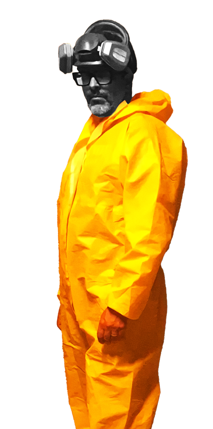 Costas Schuler in a yellow protective suit